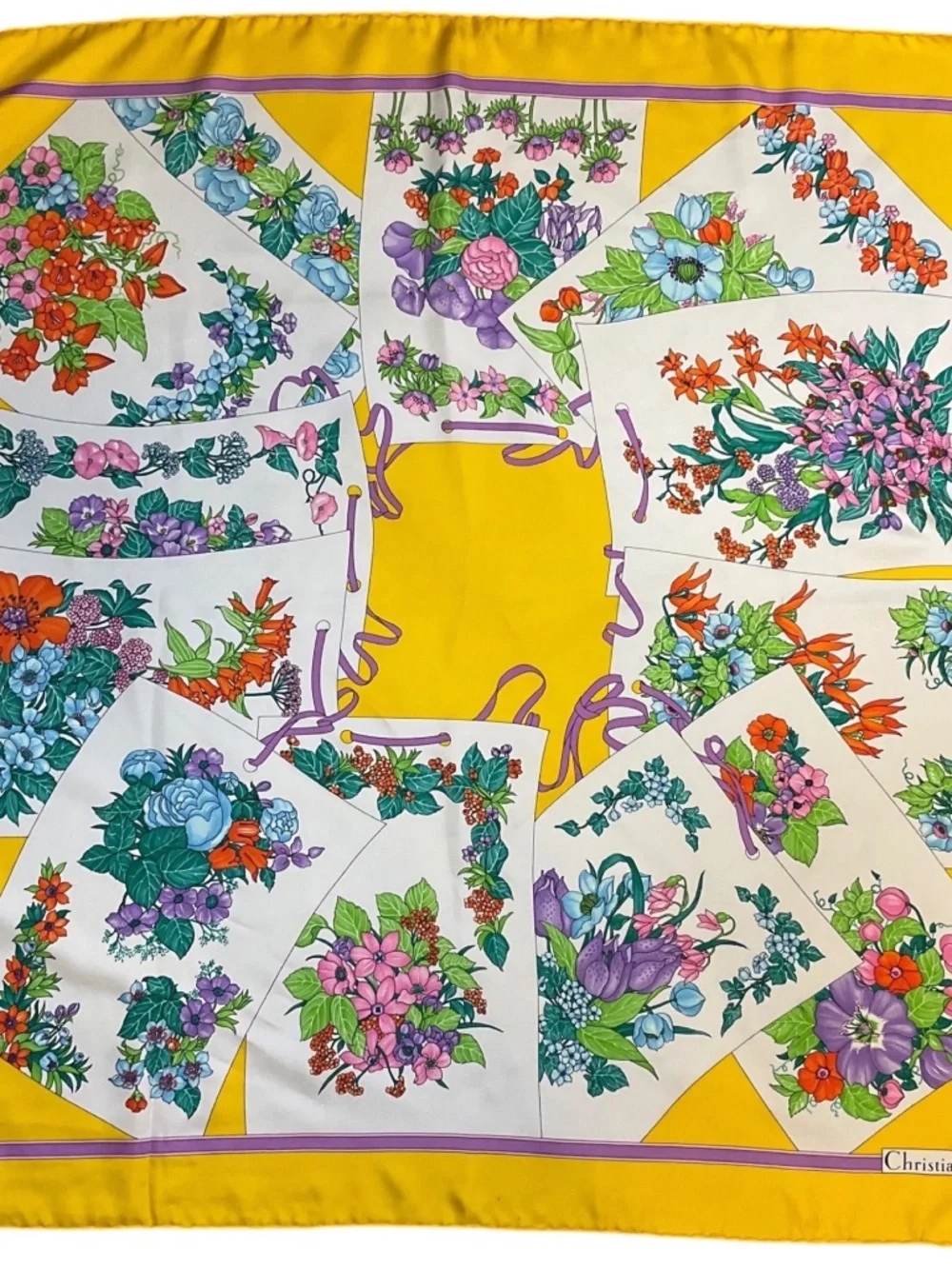 CHRISTIAN DIOR VINTAGE YELLOW MULTI FLORAL PRINTED SQUARE SILK TWILL SCARF